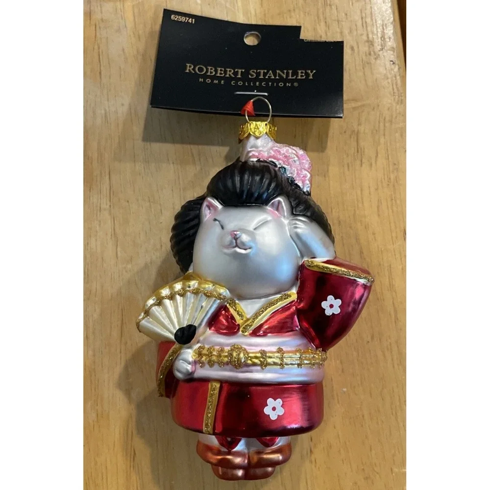 Robert Stanley Glass Ornament Asian Lucky Cat Geisha Kitty Kitten Red Kimono NEW